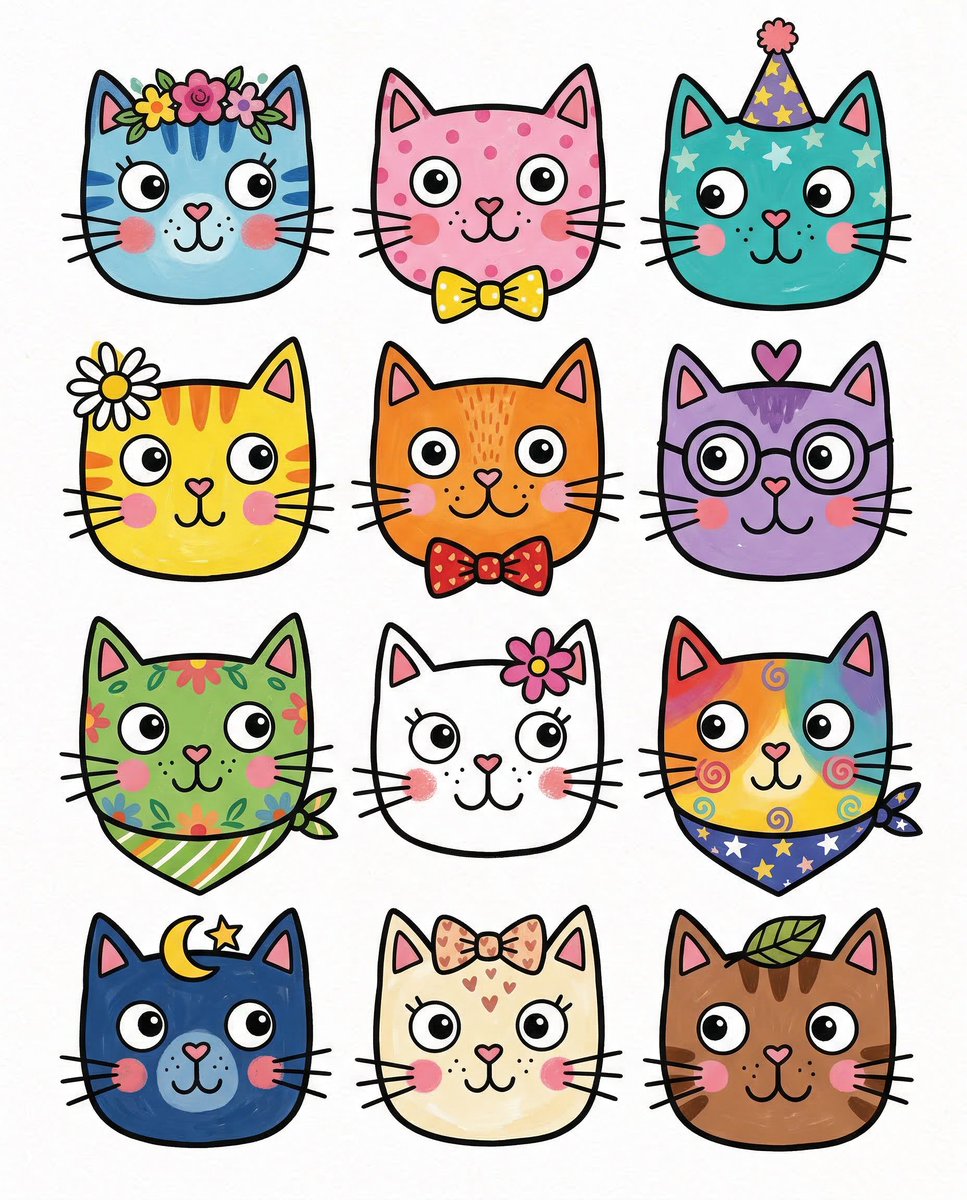 AI Prompt for Whimsical Cat Face Grid | Stylized Feline Illustrations