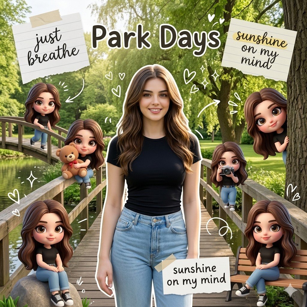 AI Prompt for Whimsical Chibi Park Scene Collage with 3D Rendered Characters