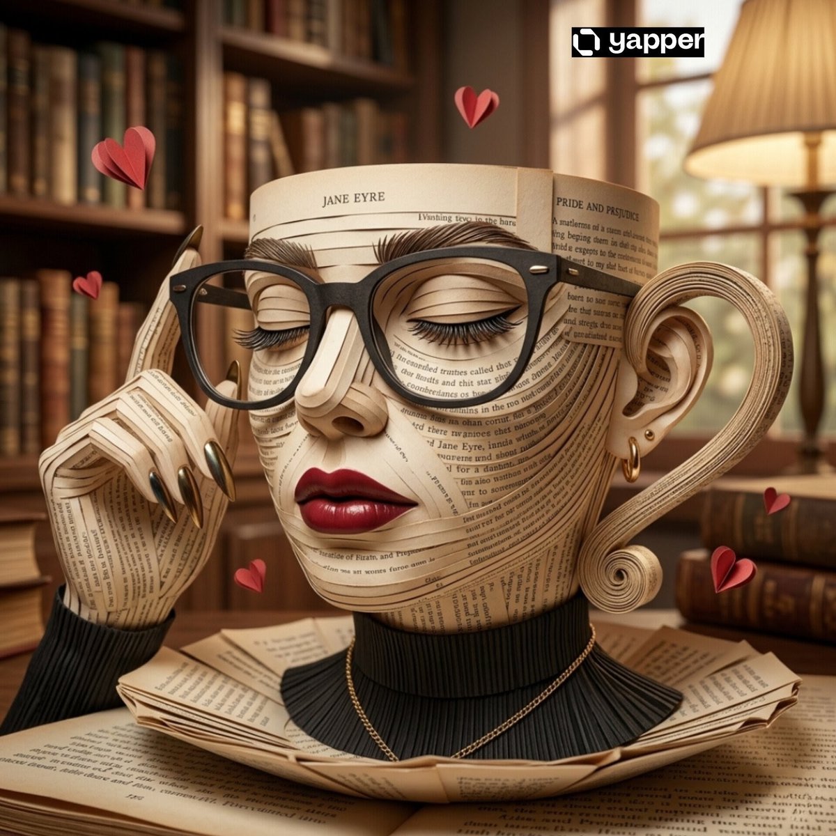 AI Prompt for Whimsical Coffee Cup Illustration with Surreal Library Background