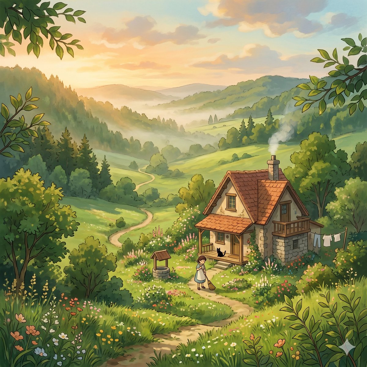 AI Prompt for Whimsical Cottage Valley Sunrise Illustration