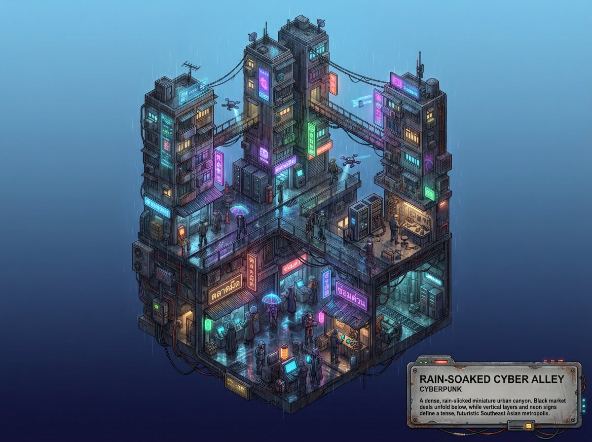 AI Prompt for Whimsical Cyberpunk Alley Network - Generate Isometric Cityscape Backgrounds