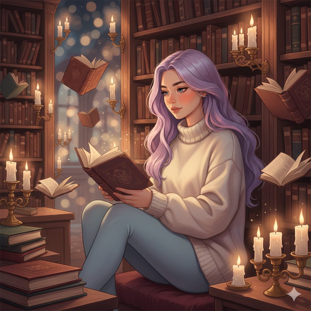 AI Prompt for Whimsical Fantasy Female Portrait in Cozy Library