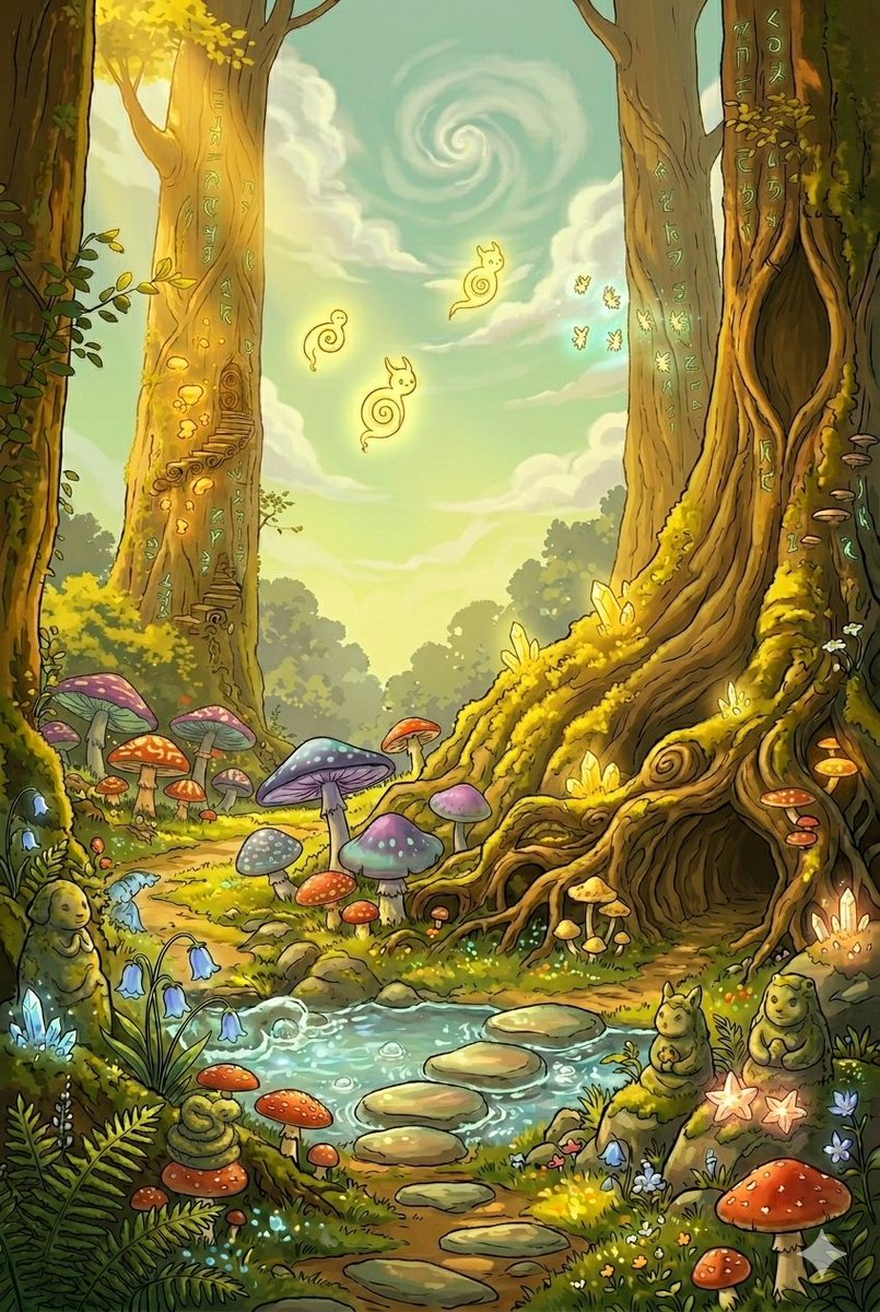 AI Prompt for Whimsical Forest Scene with Rune-Carved Trees and Glowing Spirits