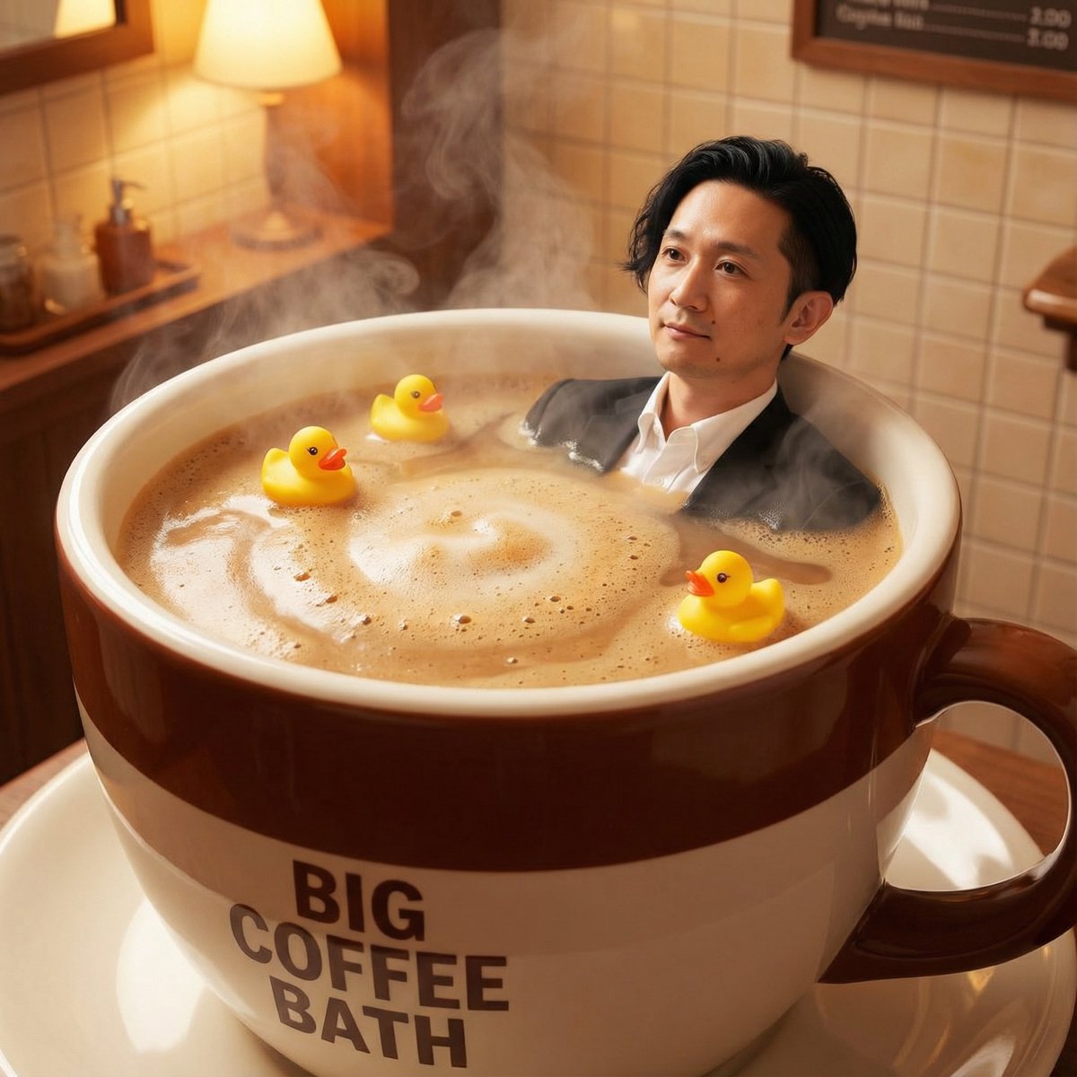AI Prompt for Whimsical Illustration, Giant Coffee Cup Bath Scene