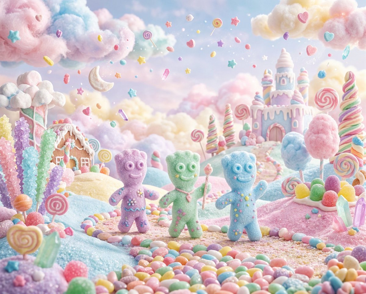 AI Prompt for Whimsical Imagery with Pastel-Painted Sour Patch Kids in Dreamy Candyland Scene