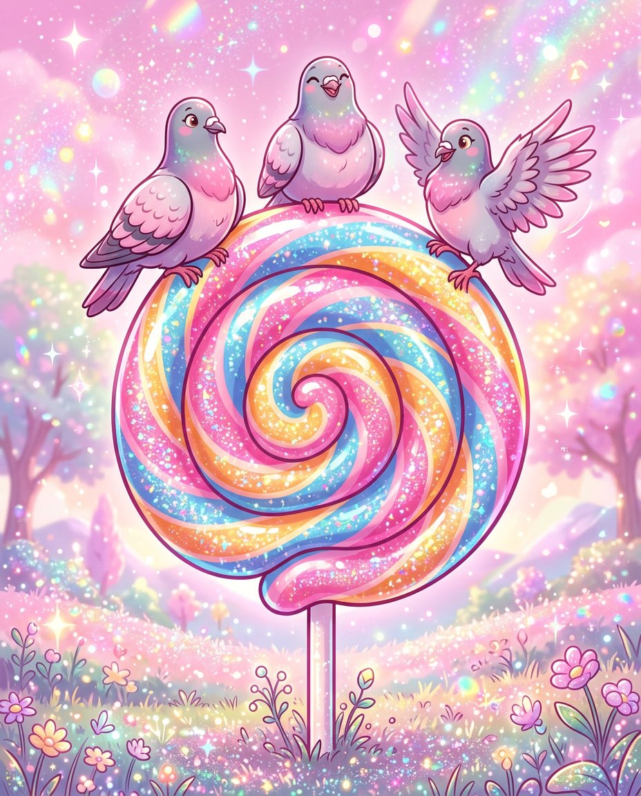 AI Prompt for Whimsical Lollipop and Pigeons Illustration