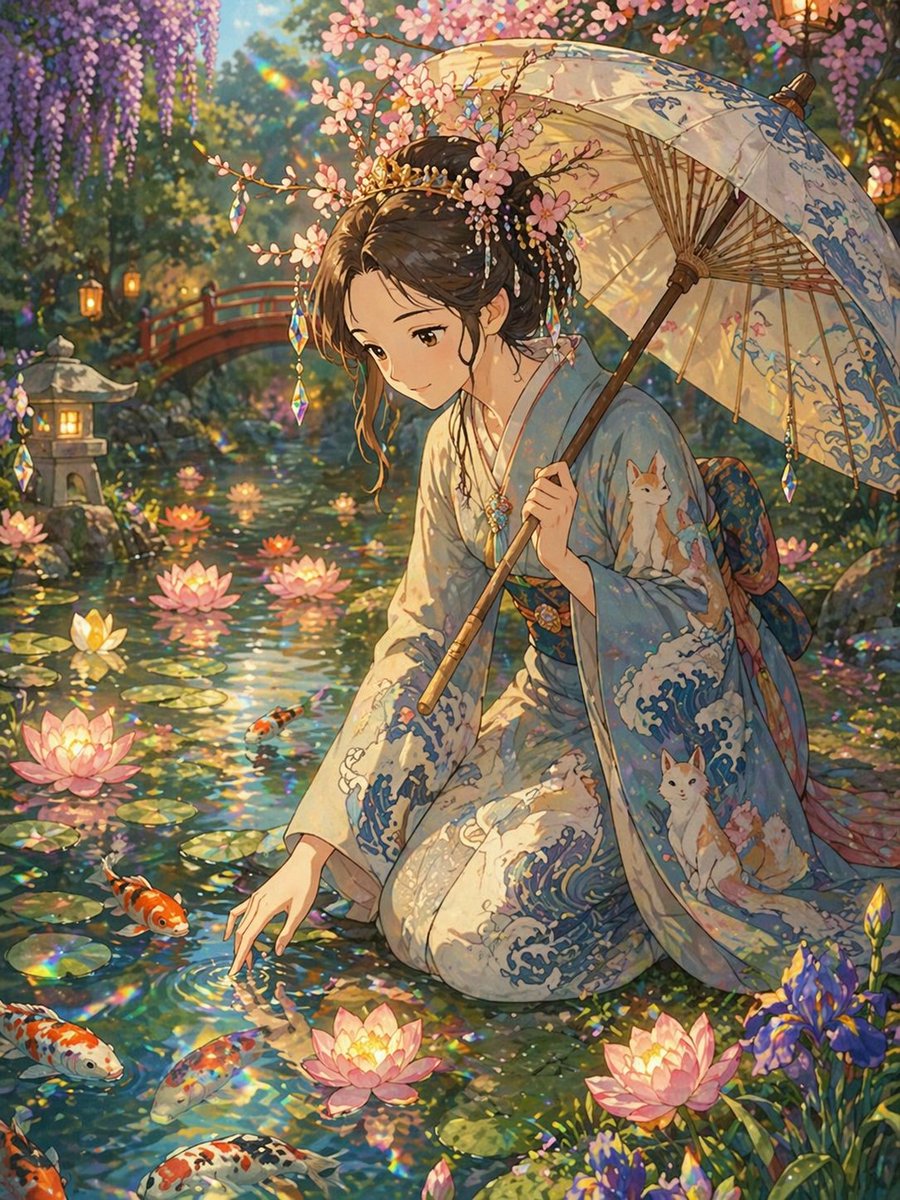 AI Prompt for Whimsical Princess Koi Pond Scene