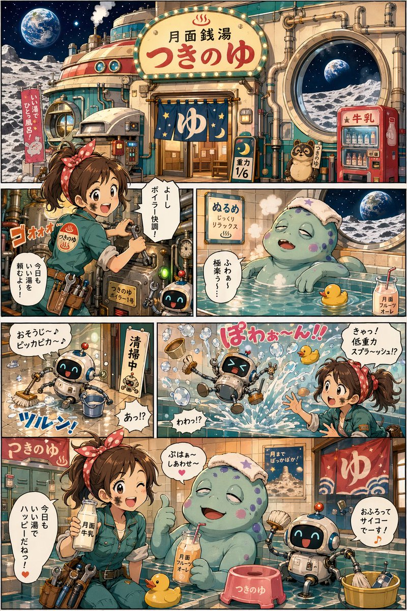 AI Prompt for Whimsical Sci-Fi Comic Art: Retro-Futurist Lunar Bathhouse Scene