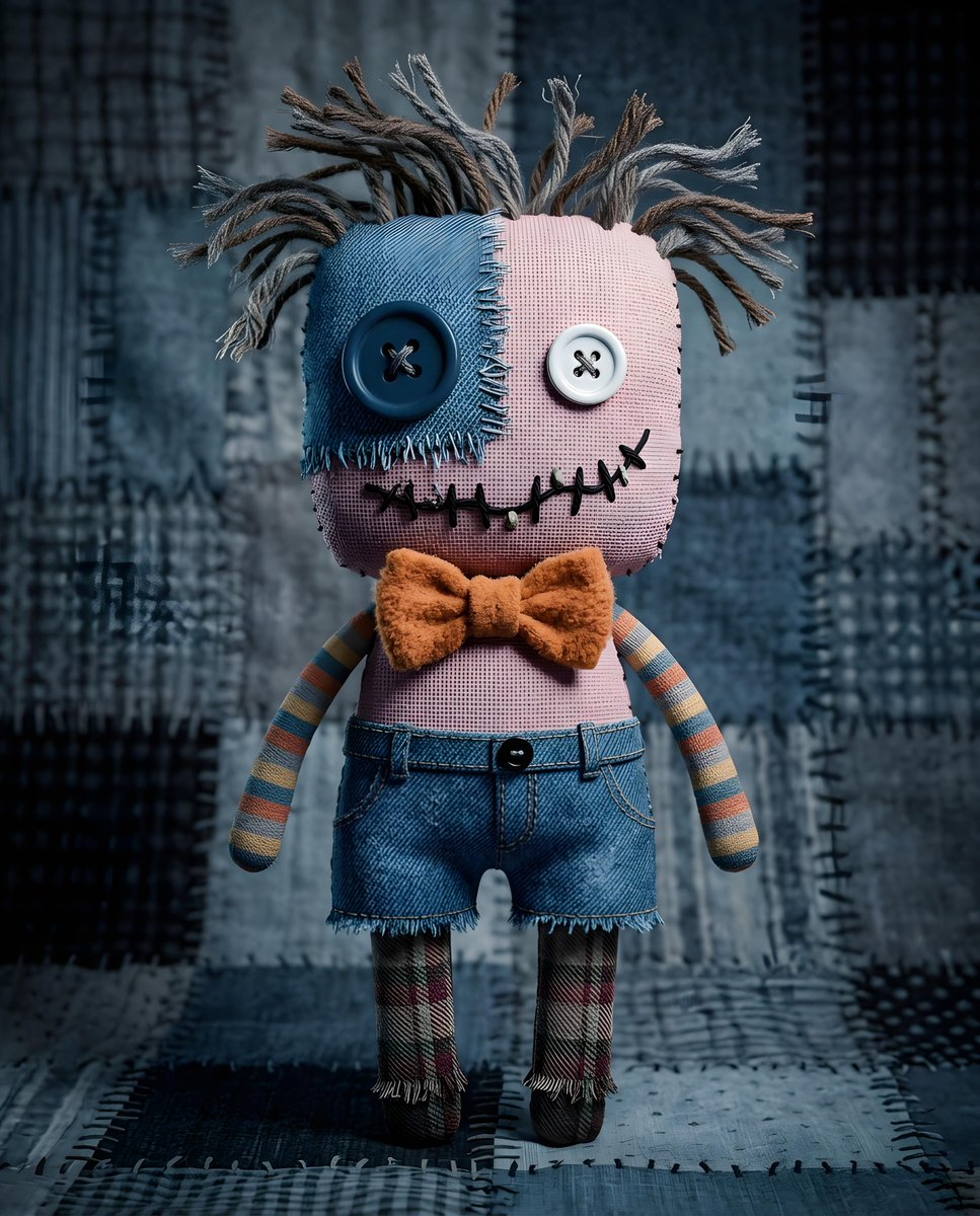 AI Prompt for Whimsical Spooky Fabric Doll Images with Mismatched Eyes and Quirky Features