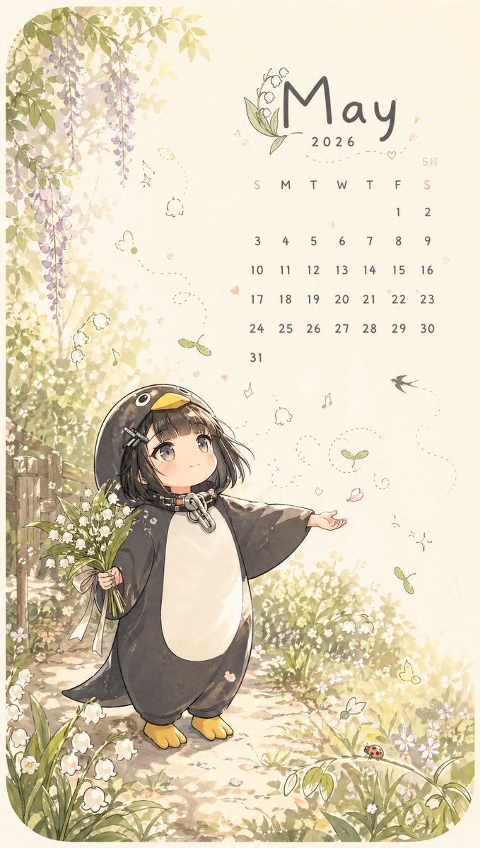 AI Prompt for Whimsical Spring Calendar Illustration with Penguin Kigurumi