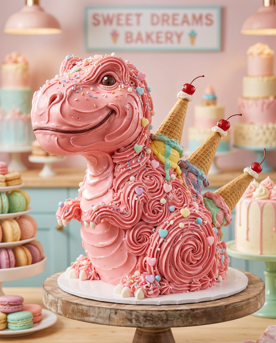AI Prompt for Whimsical T-Rex Made of Pink Frosting in 3D