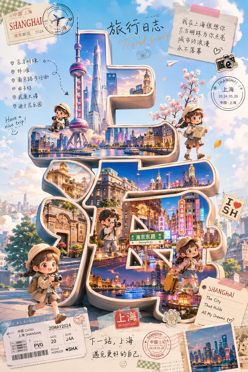AI Prompt for Whimsical Travel Poster Art with 3D Text and Chibi Characters
