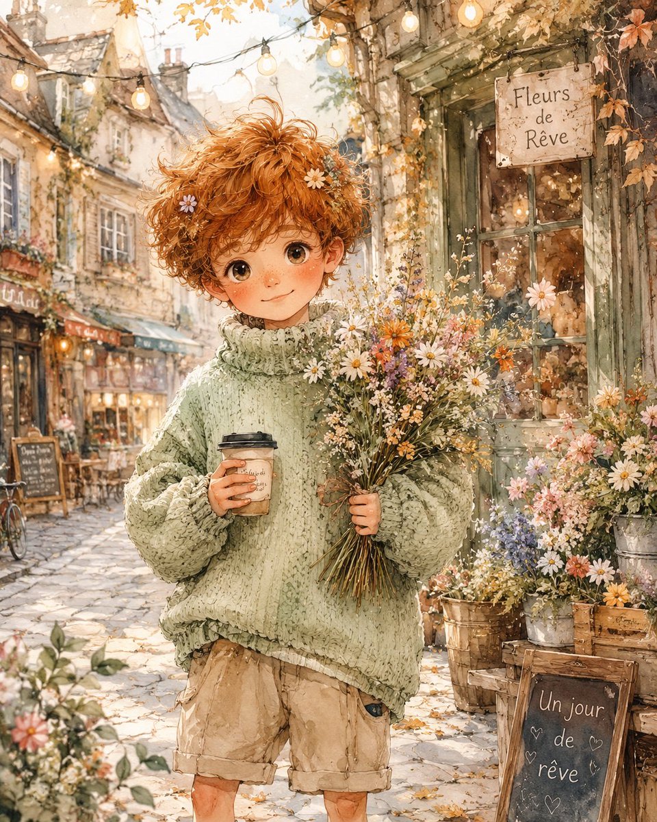 AI Prompt for Whimsical Watercolor Boy Character with Magical Autumn Cityscape
