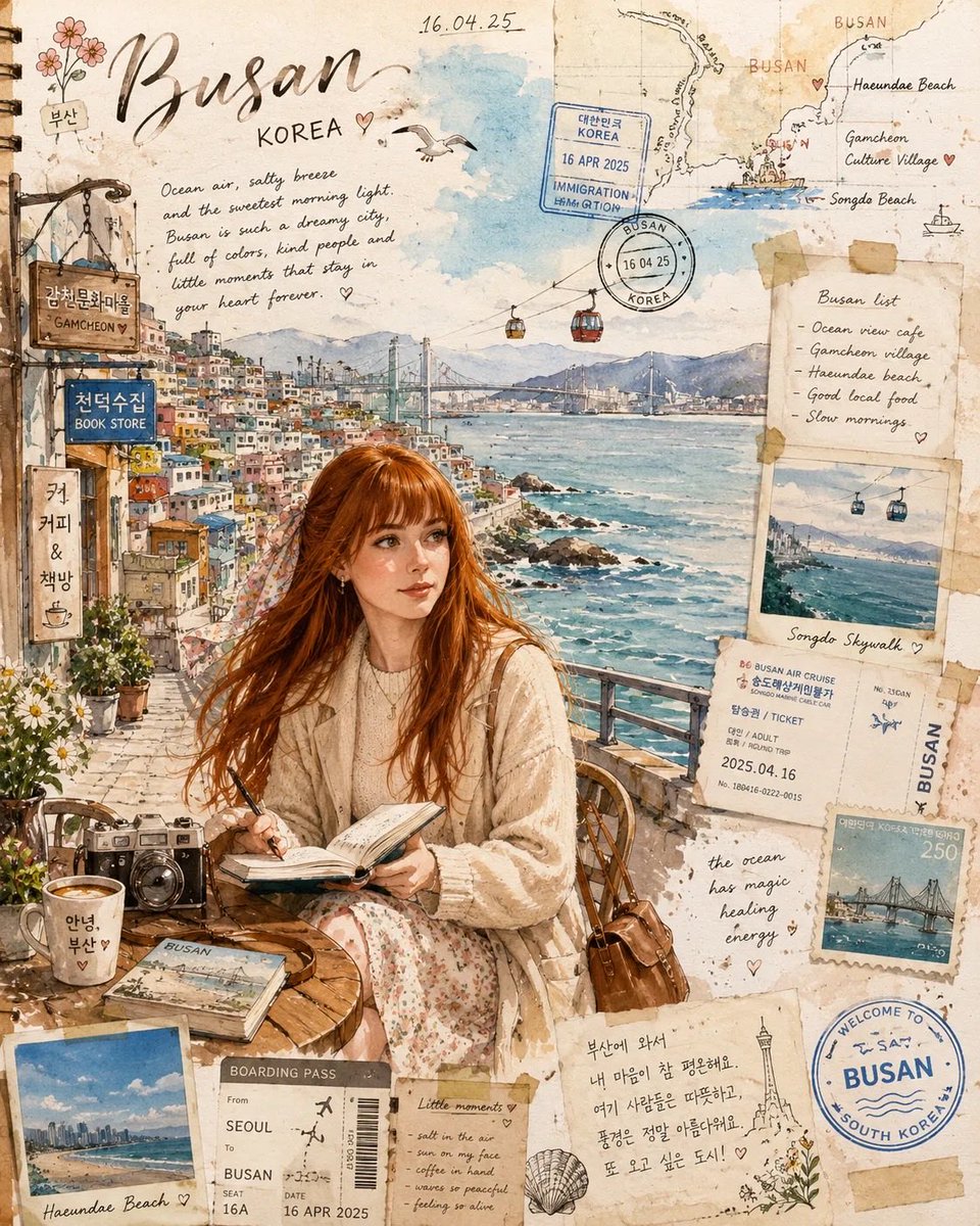 AI Prompt for Whimsical Watercolor Illustration of a Red-Haired Girl at a Busan Seaside Cafe