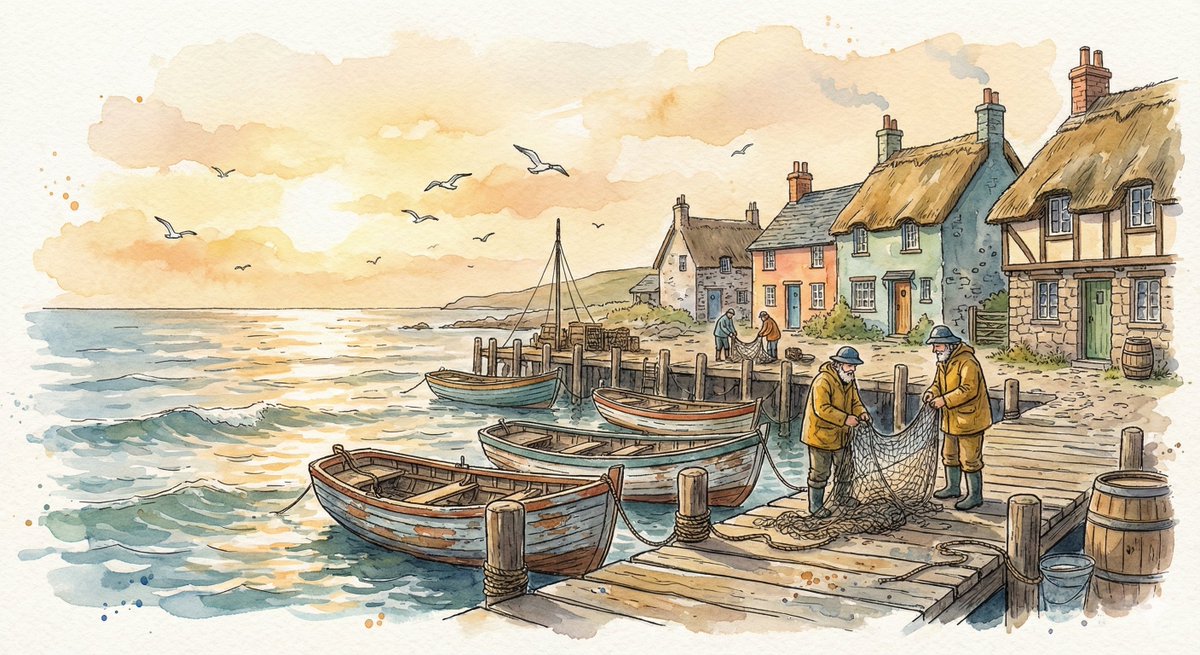 AI Prompt for Whimsical Watercolor Seaside Harbor Village Illustration
