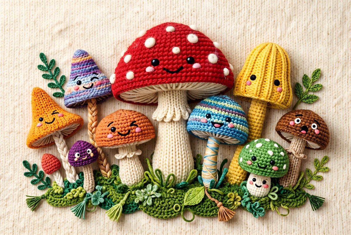 AI Prompt for Whimsical Yarn-Style Cartoon Mushrooms for Creative Projects