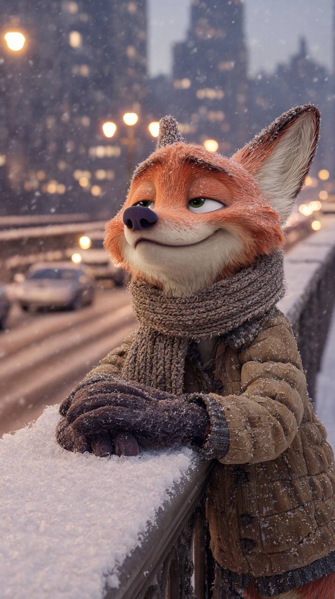 AI Prompt for Winter Animal Illustrations: Animated 3D Fox in City Scene