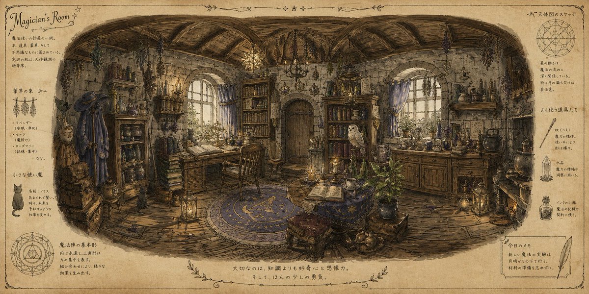 AI Prompt for Wizard's Room Illustration with Handwritten Magic Book Texture