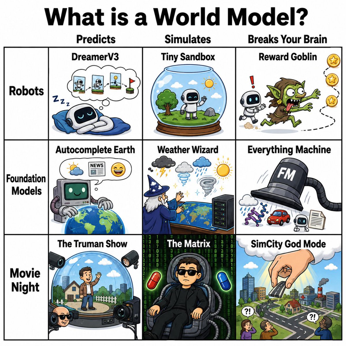 AI Prompt for World Model Meme Grid Illustration with Comic-Book Style Comic Panels