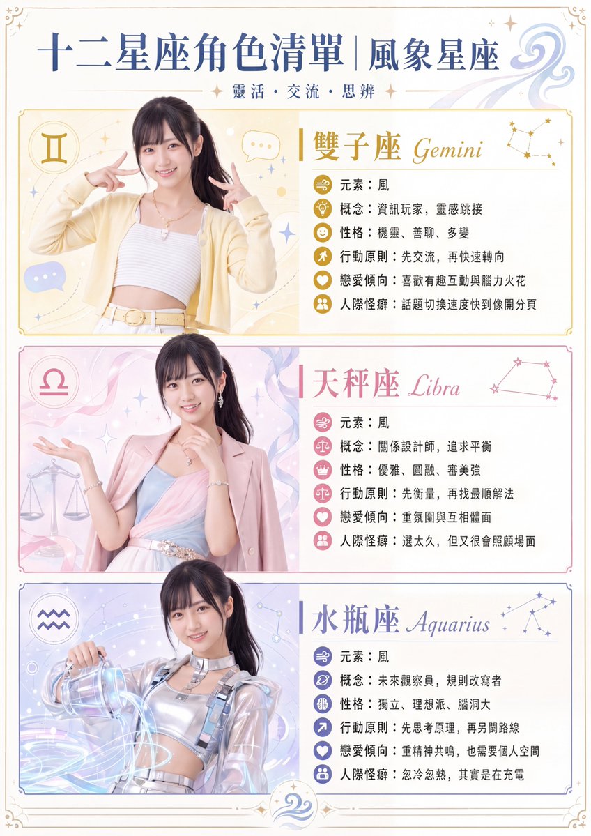 AI Prompt for Zodiac Character Posters with Gemini, Libra, and Aquarius Illustrations