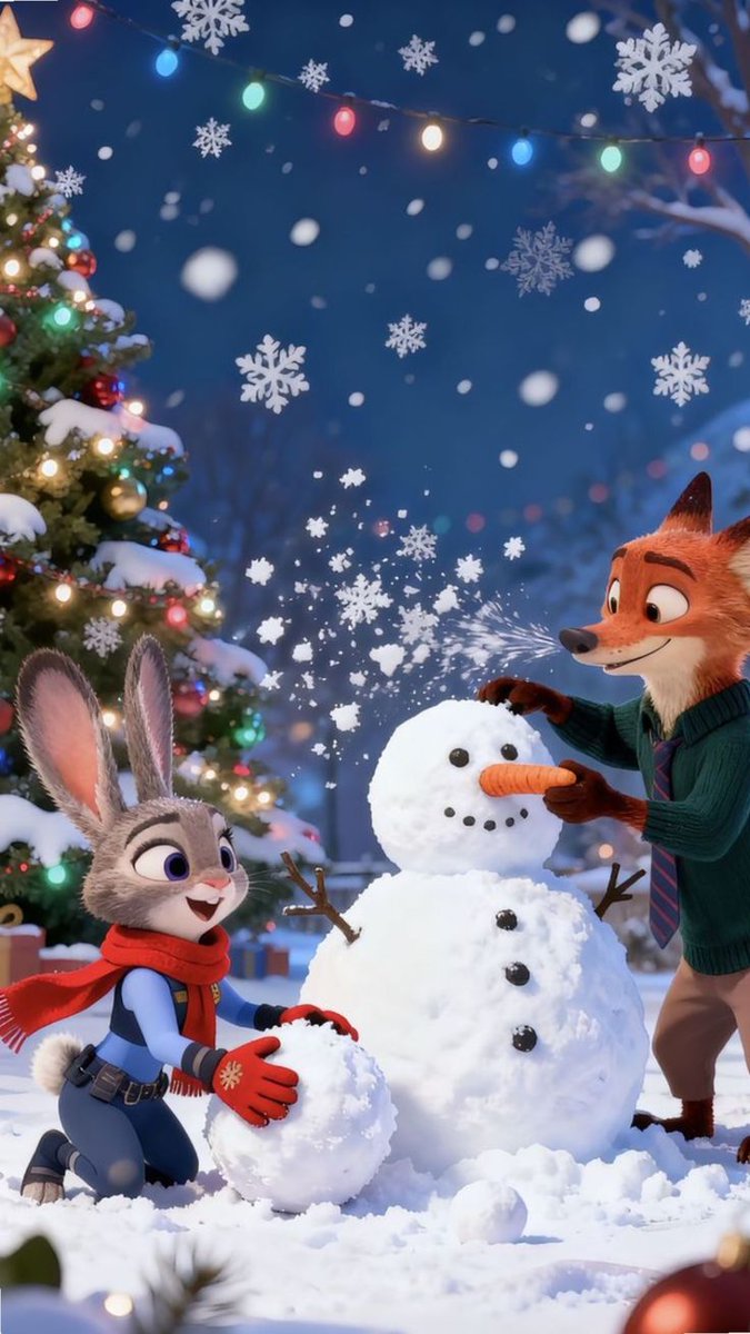 AI Prompt for Zootopia-Style Winter Scene with a Rabbit and Fox Building a Snowman