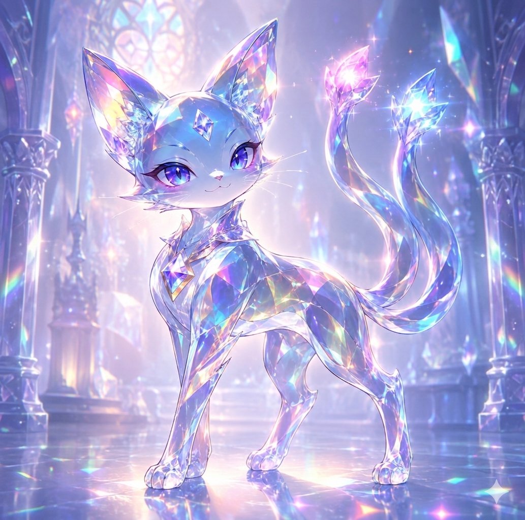 AI Prompt forCreating a Glowing Anime Crystal Cat Familiar in a Gemstone Cathedral