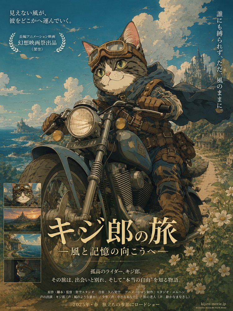 AI Prompt: Generate a Retro-Style Anime Poster of a Cat Motorcyclist in a Fantasy Landscape