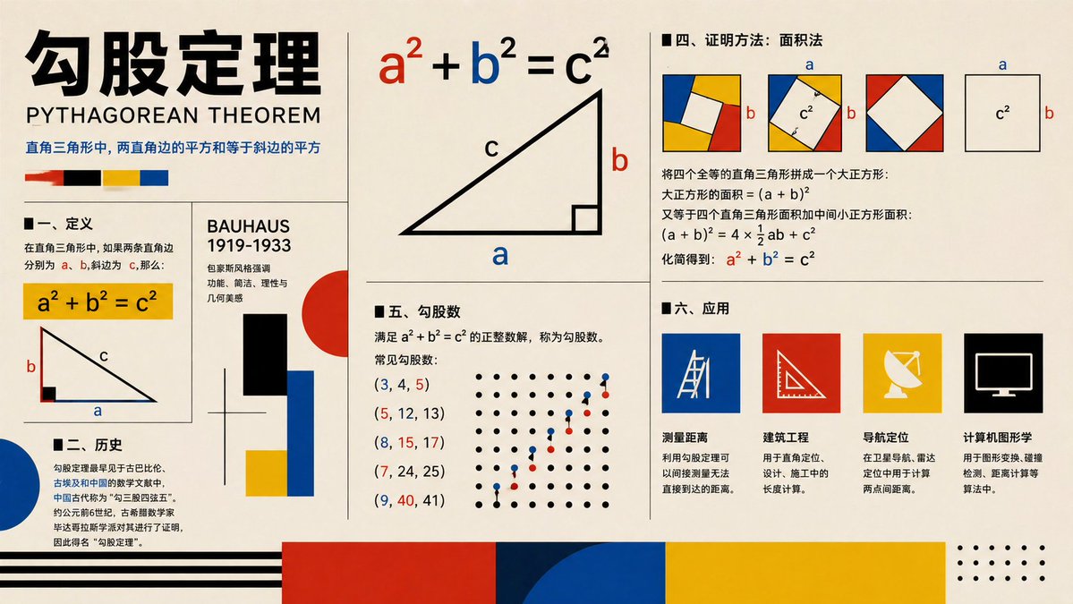 AI Prompt: Generate a Stylish Bauhaus-Inspired Poster Explaining the Pythagorean Theorem