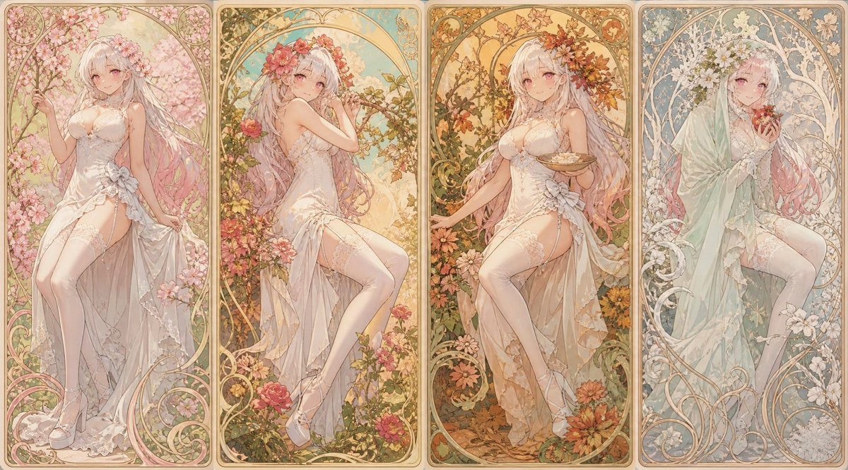 AI Prompt: Generate Alphonse Mucha-Inspired Art Nouveau Seasonal Illustrations