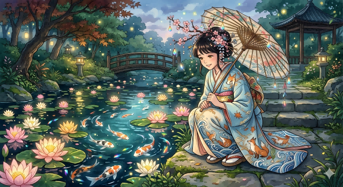 AI Prompt: Generate Dreamy Japanese Garden Illustration with Kimono Woman