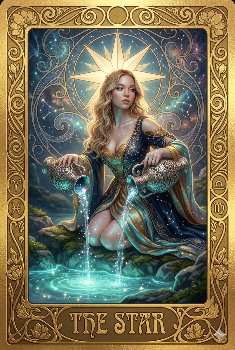 AI Prompt: Generate Sydney Sweeney as The Star Tarot Card - Art Nouveau Illustration with Photorealistic Effect