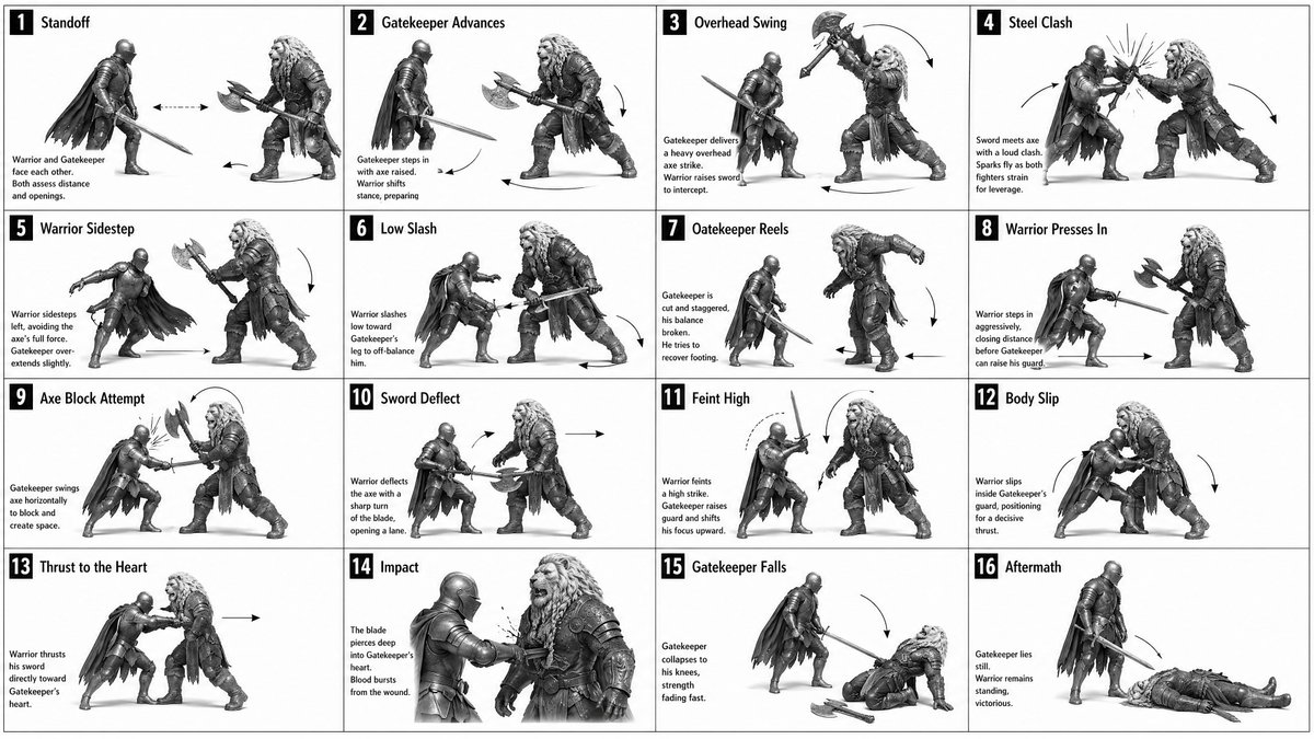 AI Prompt: Grayscale Medieval Sword vs Axe Duel Storyboard