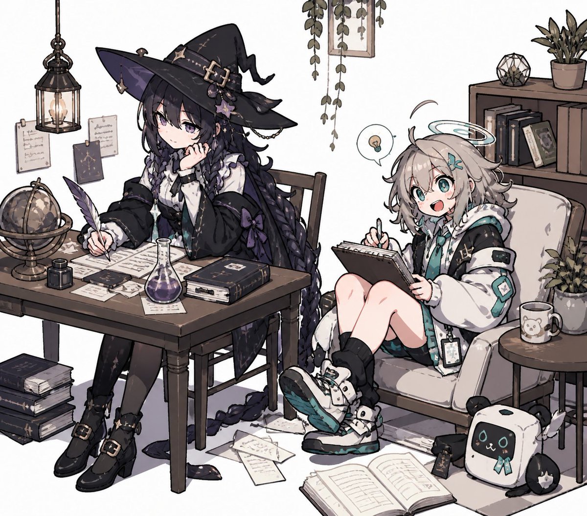 AI Prompt: Magical Anime Study Room Scene with Cozy Witch and Halos