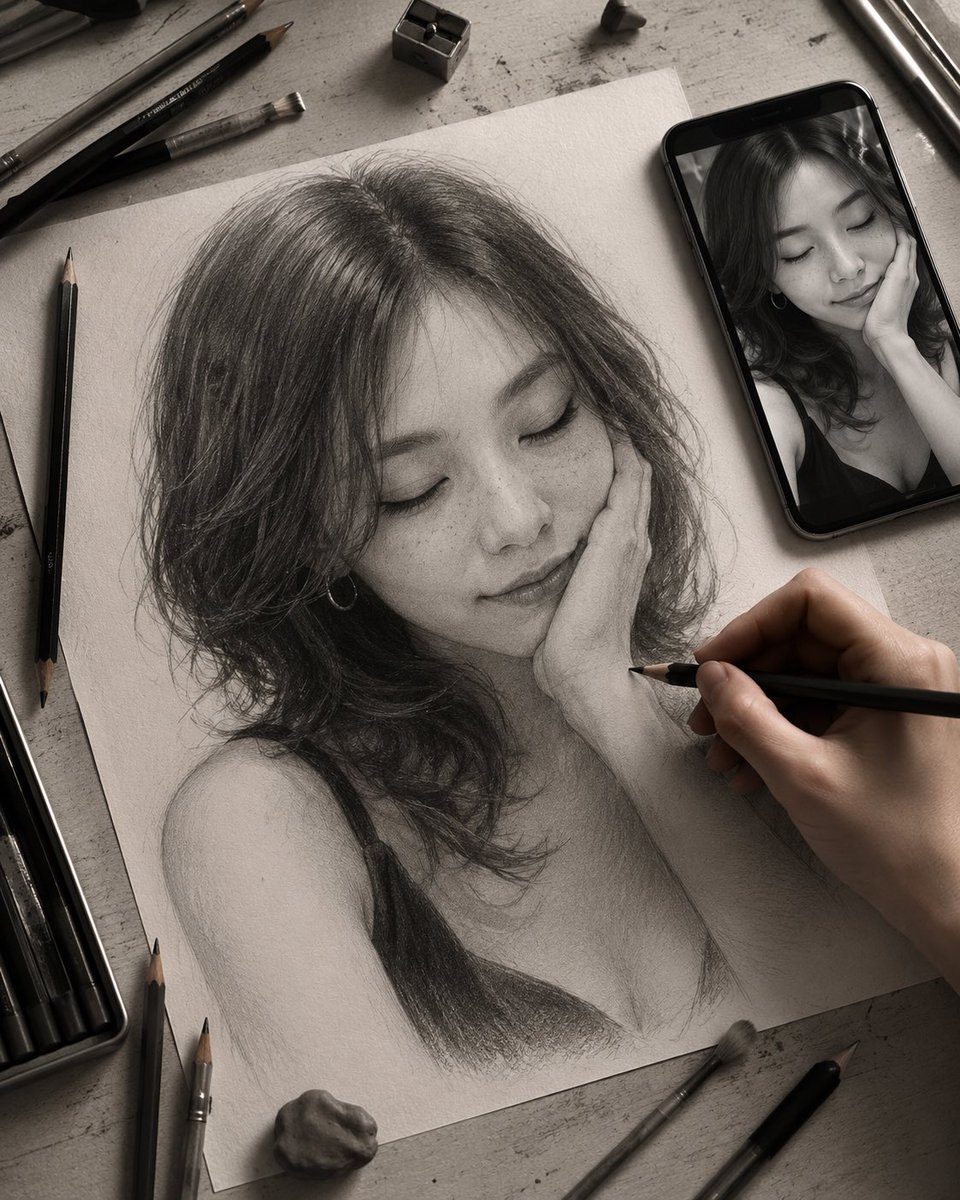 AI Prompt: Realistic Late-Night Studio Portrait with Graphite Drawing
