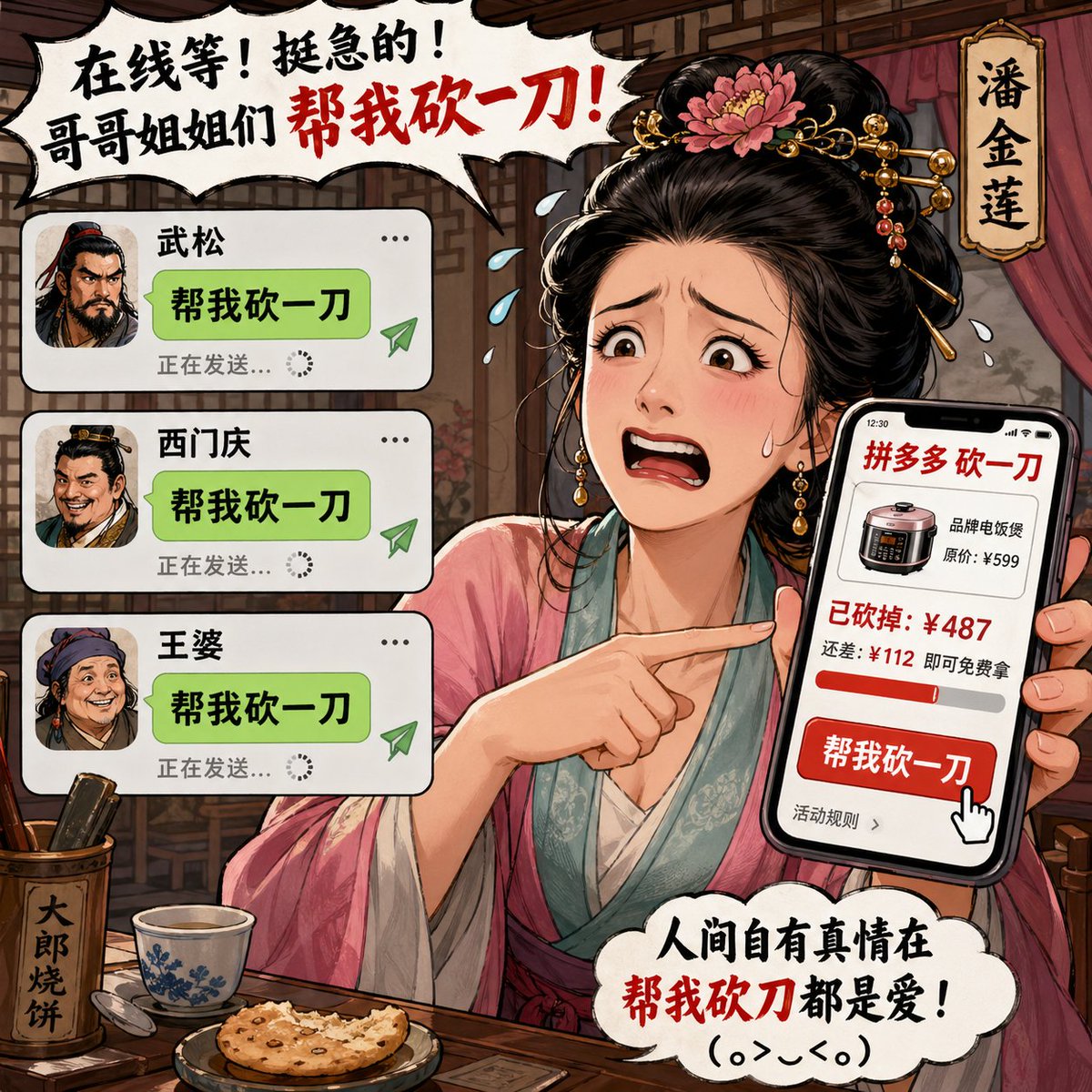 AI Prompt: Social Media Comic Featuring Pan Jinlian in Modern E-commerce Scenario