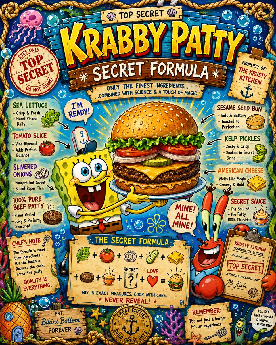 AI Prompts for Creative Illustrations: Krabby Patty Secret Formula Graphic