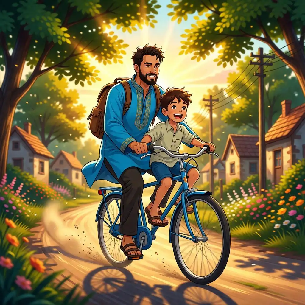 Anime Father & Son Bicycle Ride Illustration