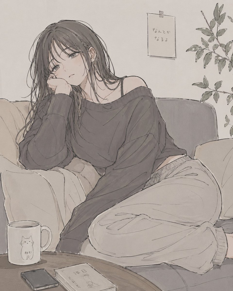 Anime-Style Relaxed Woman on Sofa – Cozy Slice-of-Life