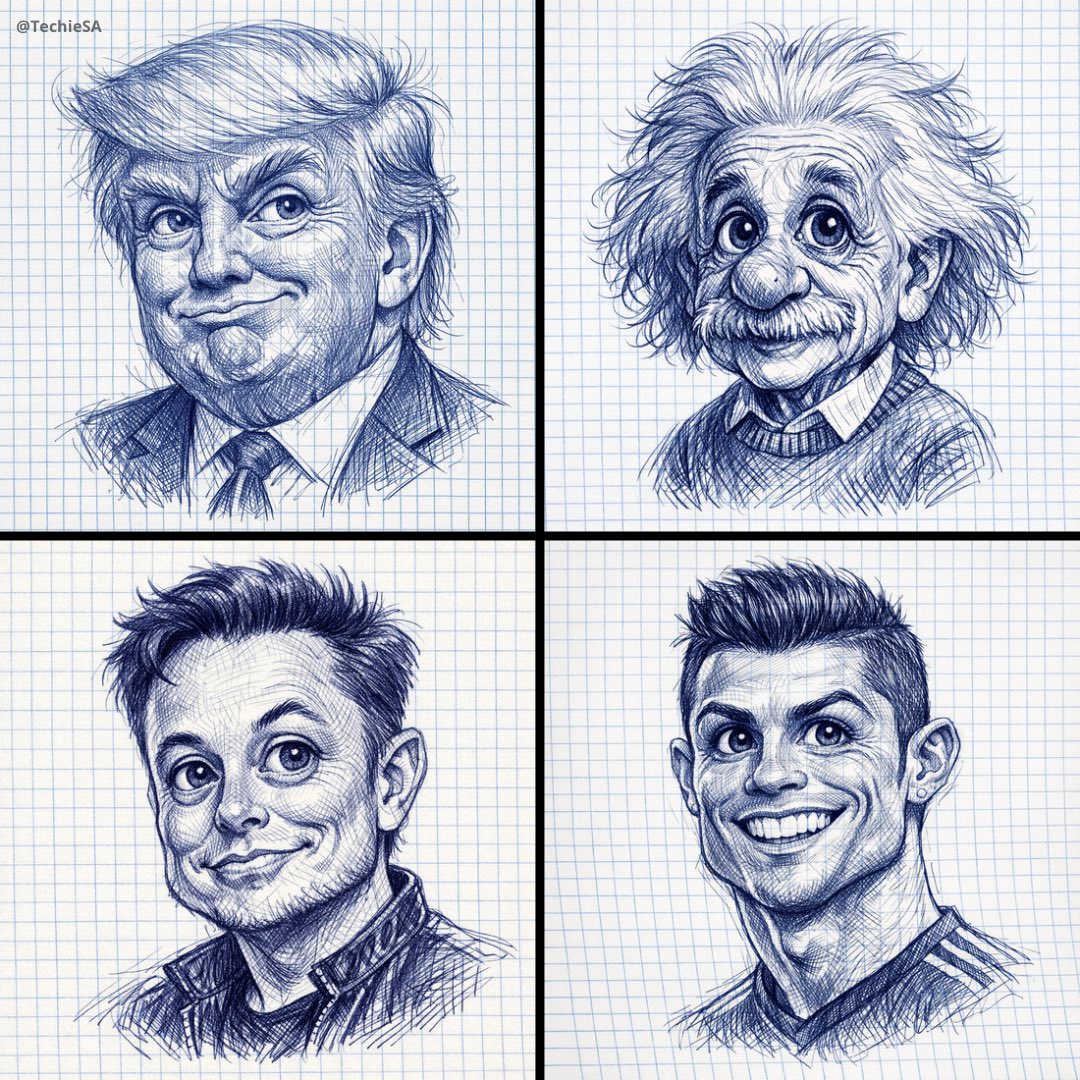Ballpoint Pen Character Caricature Sketch on Checkered Notebook Paper