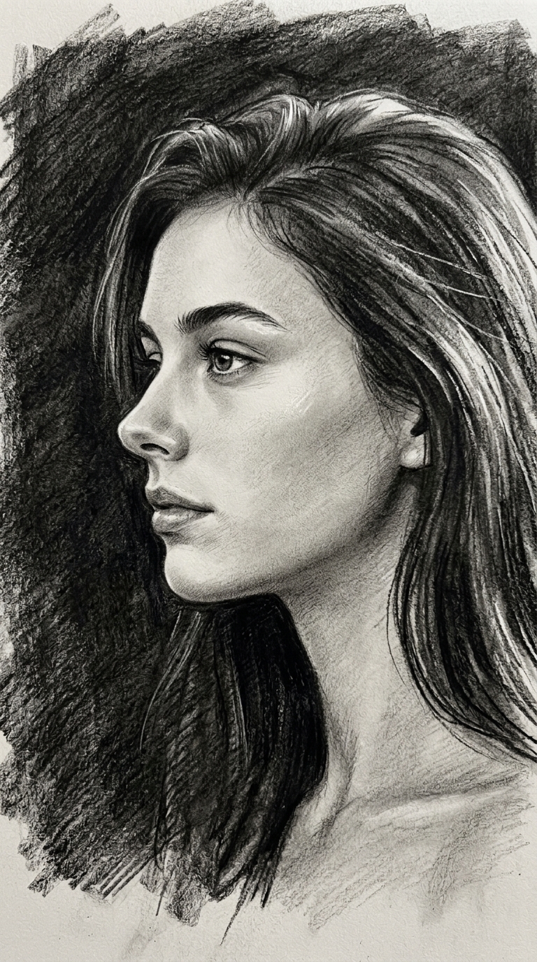 Charcoal Drawing of a Contemplative Portrait in Profile