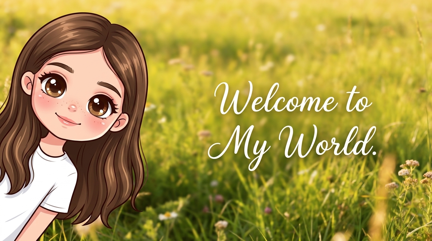 Chibi Cartoon Portrait with Welcome to My World Text