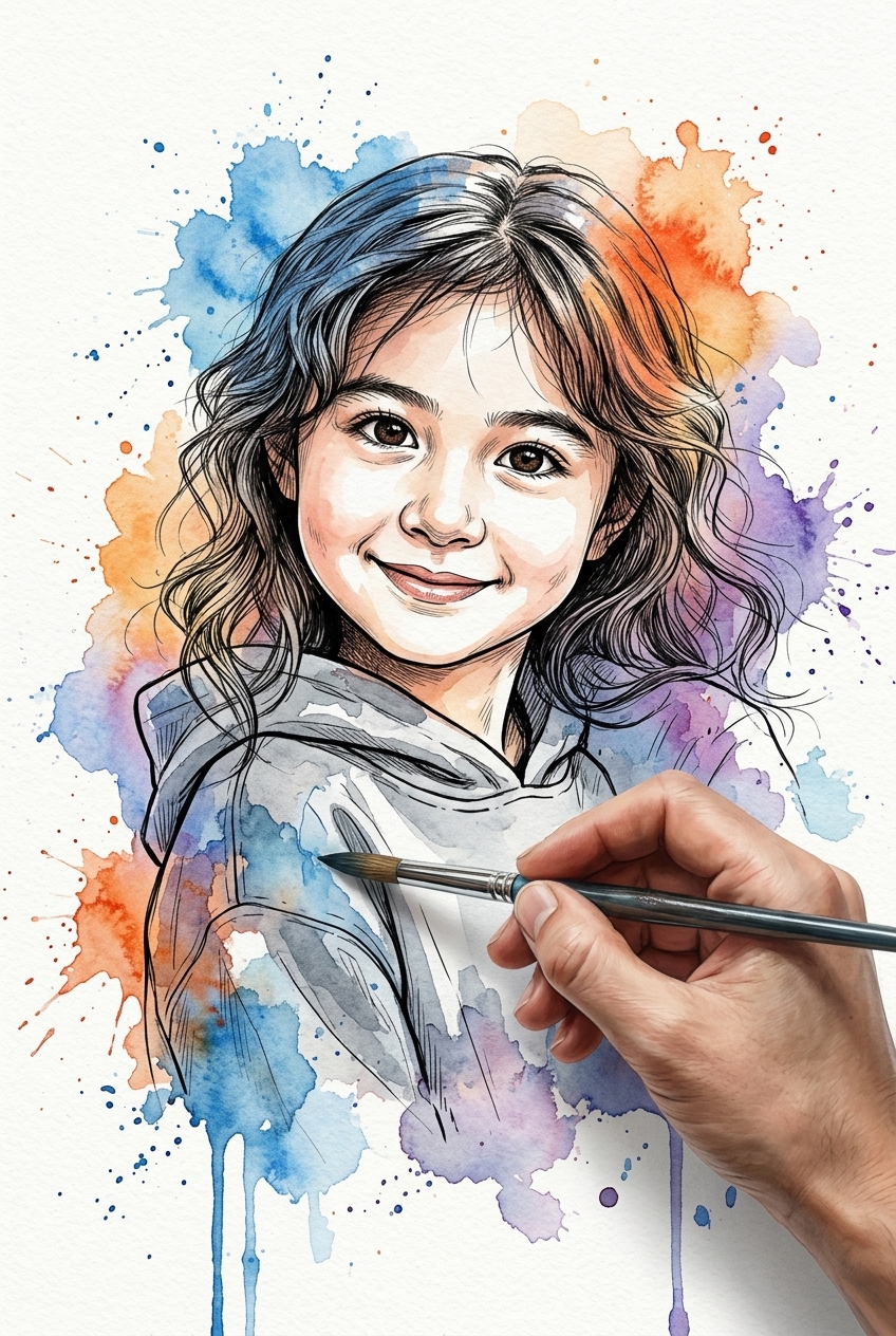 Dynamic Ink Art Portrait with Watercolor Effects