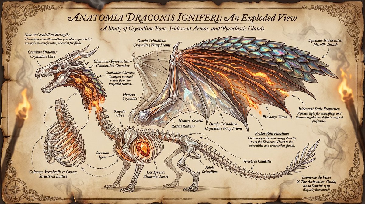 Exploded-View Dragon Anatomy Blueprint Poster