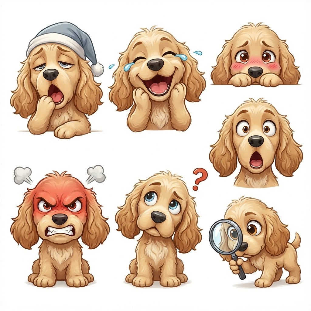Free AI Prompt for Cartoon Dog Emotion Illustrations with Happy Sad Angry and More Facial Expressions