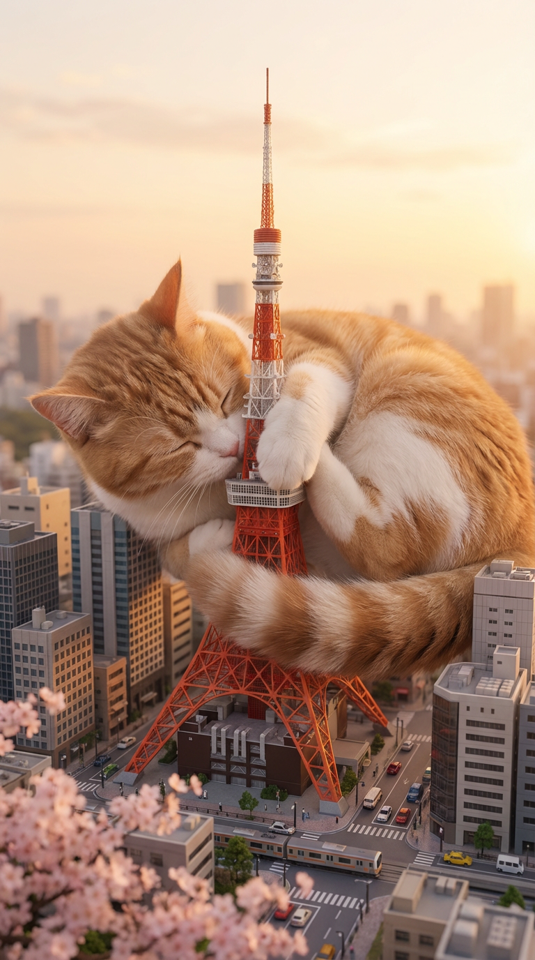 Giant Cute Cat Climbing Tokyo Tower – Cozy City Scene