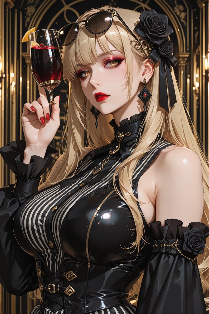 Gothic Blonde Woman Luxury Anime Portrait with Wine Glass