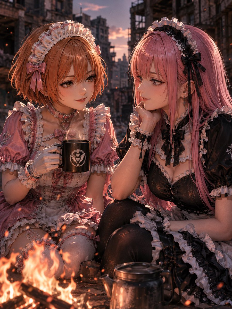 Gothic Lolita Maids by Campfire in Post-Apocalyptic City