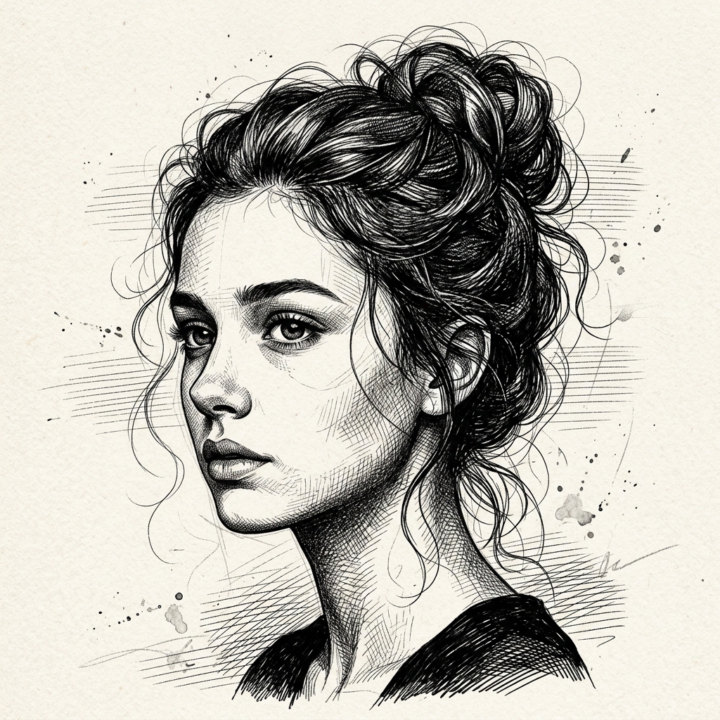 High-Contrast Ink Portrait: Soulful Gaze, Cross-Hatching Detail