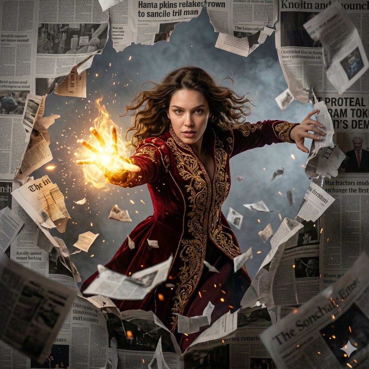High-Quality Fantasy Action Scene AI Prompt - Cinematic Sorceress Bursting Through Newspaper