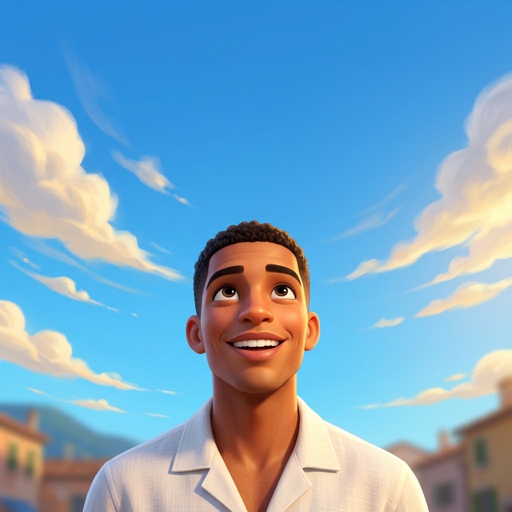 Luca-Inspired Pixar-Style Cartoon Portrait Under Blue Sky
